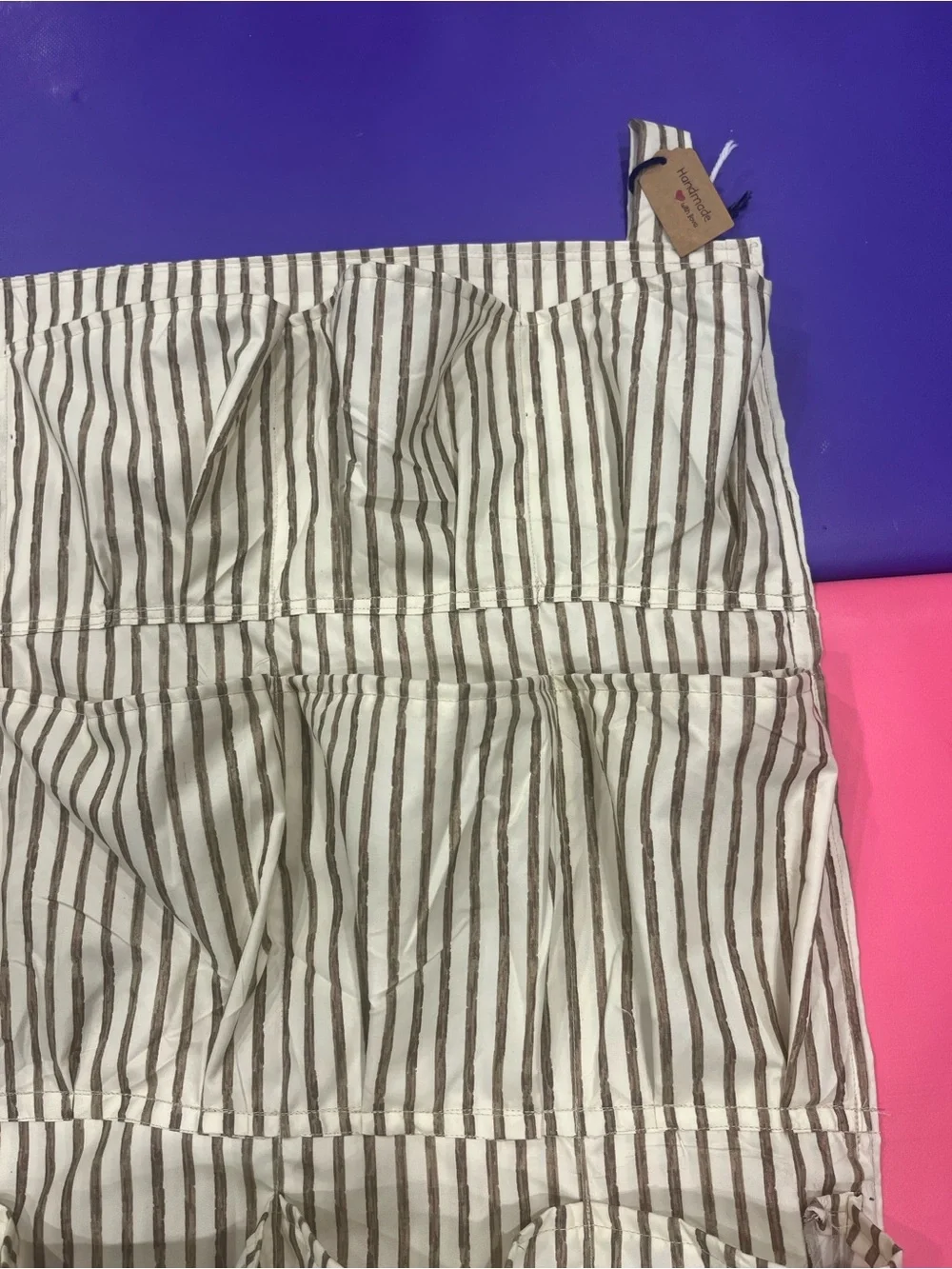 Handmade Fabric Hanging Wall Organizer - Striped Canvas Storage Caddy w/ Pockets